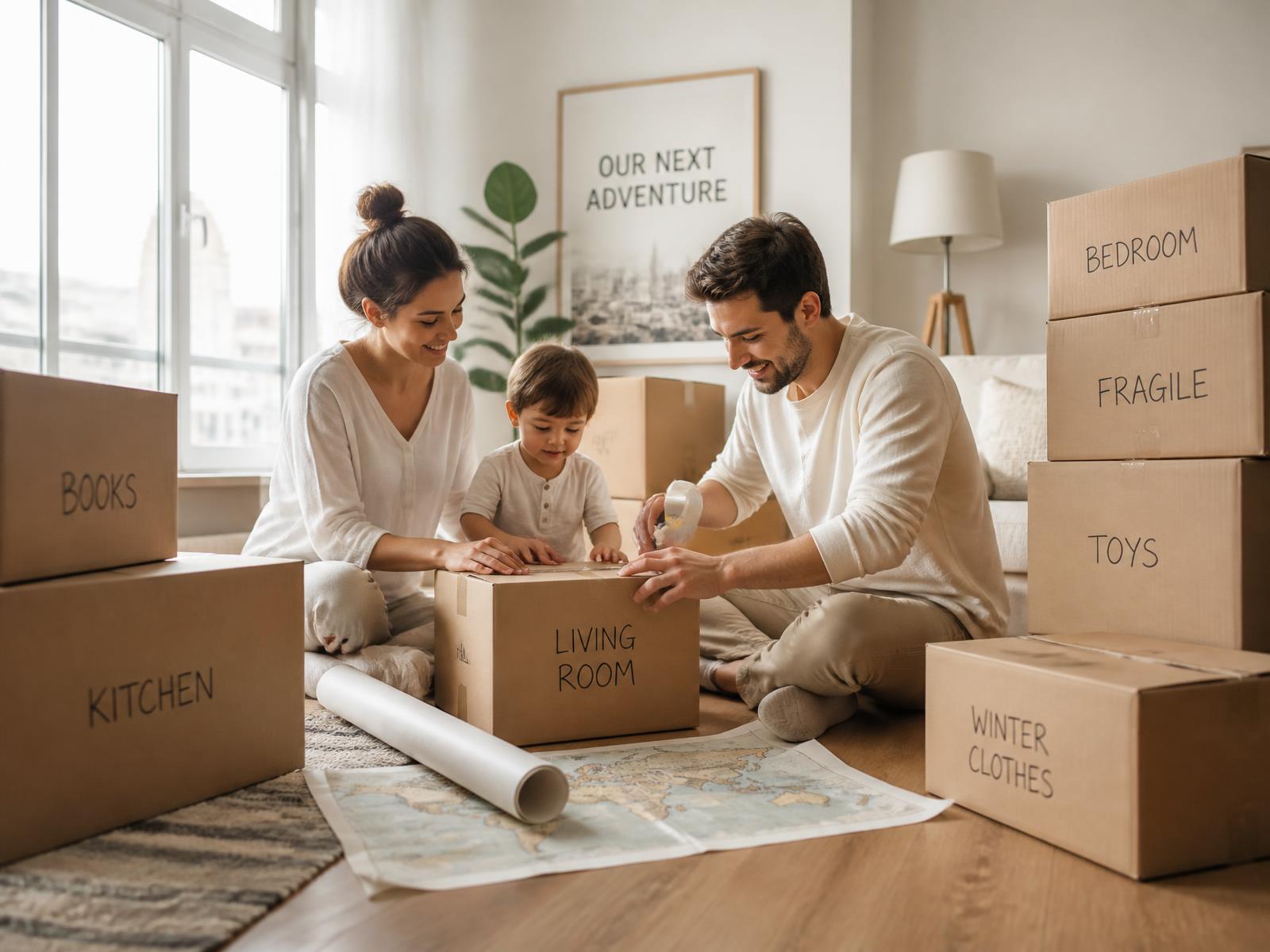 A family packing labelled moving boxes in a bright living room before an international move